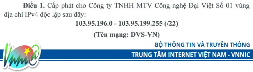 Công ty Đại Việt Số chính thức trở thành thành viên địa chỉ IP của VNNIC