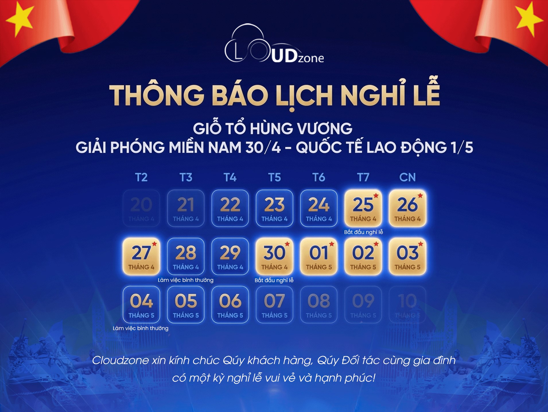 Thông báo lịch nghỉ Giỗ Tổ Hùng Vương, Lễ 30-4 và 1-5 năm 2026